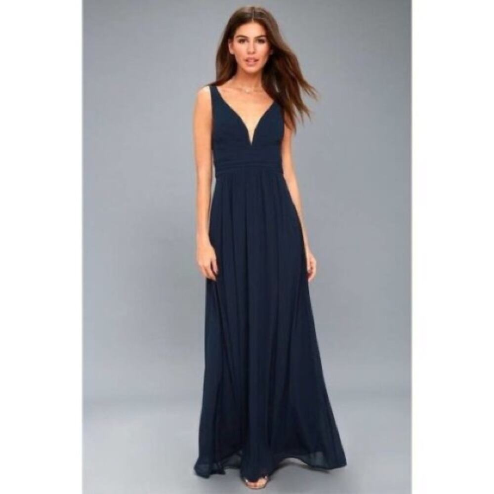 Lulu’s Navy Blue Leading Roll V Neck Ruched A Line Chiffon Maxi Dress Sz.M NWT